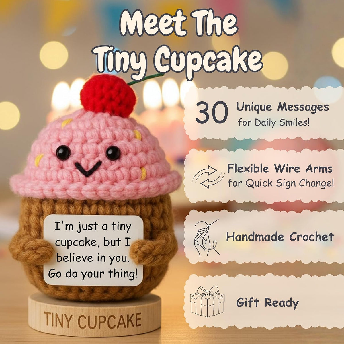 Emotional Support Gifts for Women - Positive Crochet Cupcake W/ 30 Uplifting Affirmation Cards | Birthday Gift for Women Friendship, Best Friend, Bestie, Teen Girls, Classmates, Daughter Birthday