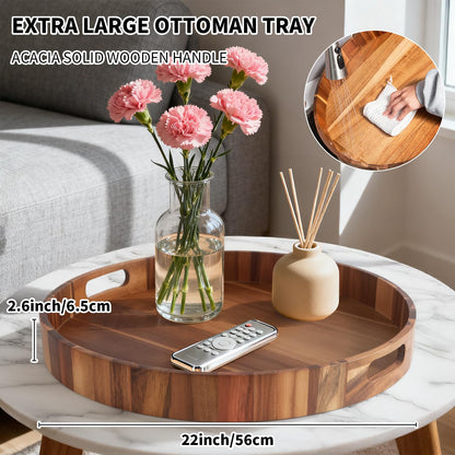 Extra Large 20INCH Premium Acacia Wood Tray Round Ottoman Tray with Handles Wooden Serving Tray Multi-Use for Dinner Breakfast in Bed Coffee Table Snack Entertaining Guests