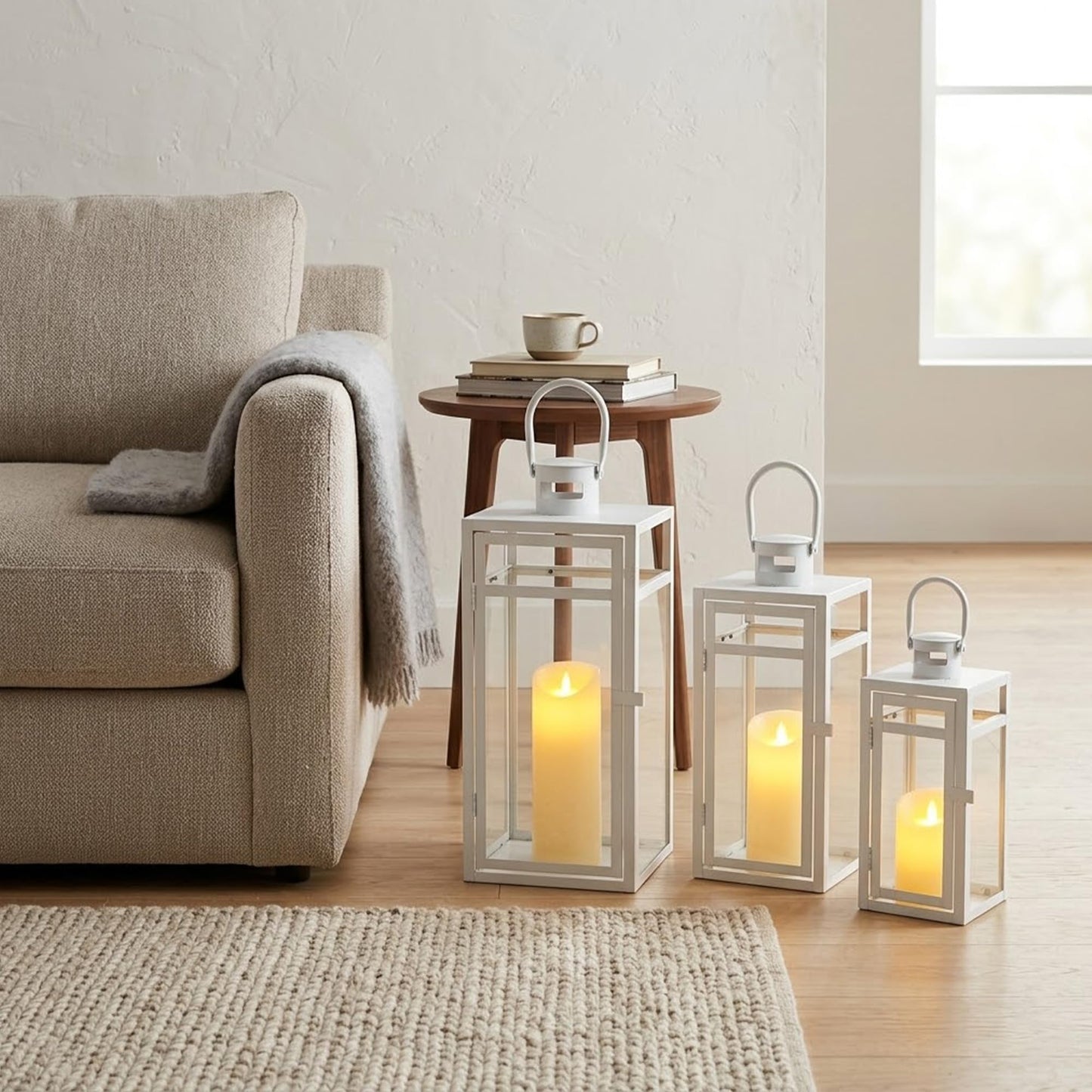 TRIROCKS Set of 3 Stainless Steel Candle Lantern 19/15/12'' High Metal Candle Holder with Tempered Glass Panels Perfect for Home Decor Living Room Parties Events Tabletop Indoors Outdoors (Rose Gold)