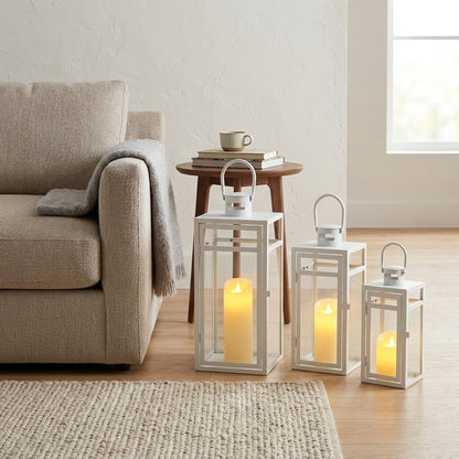 TRIROCKS Set of 3 Stainless Steel Candle Lantern 19/15/12'' High Metal Candle Holder with Tempered Glass Panels Perfect for Home Decor Living Room Parties Events Tabletop Indoors Outdoors (Rose Gold)