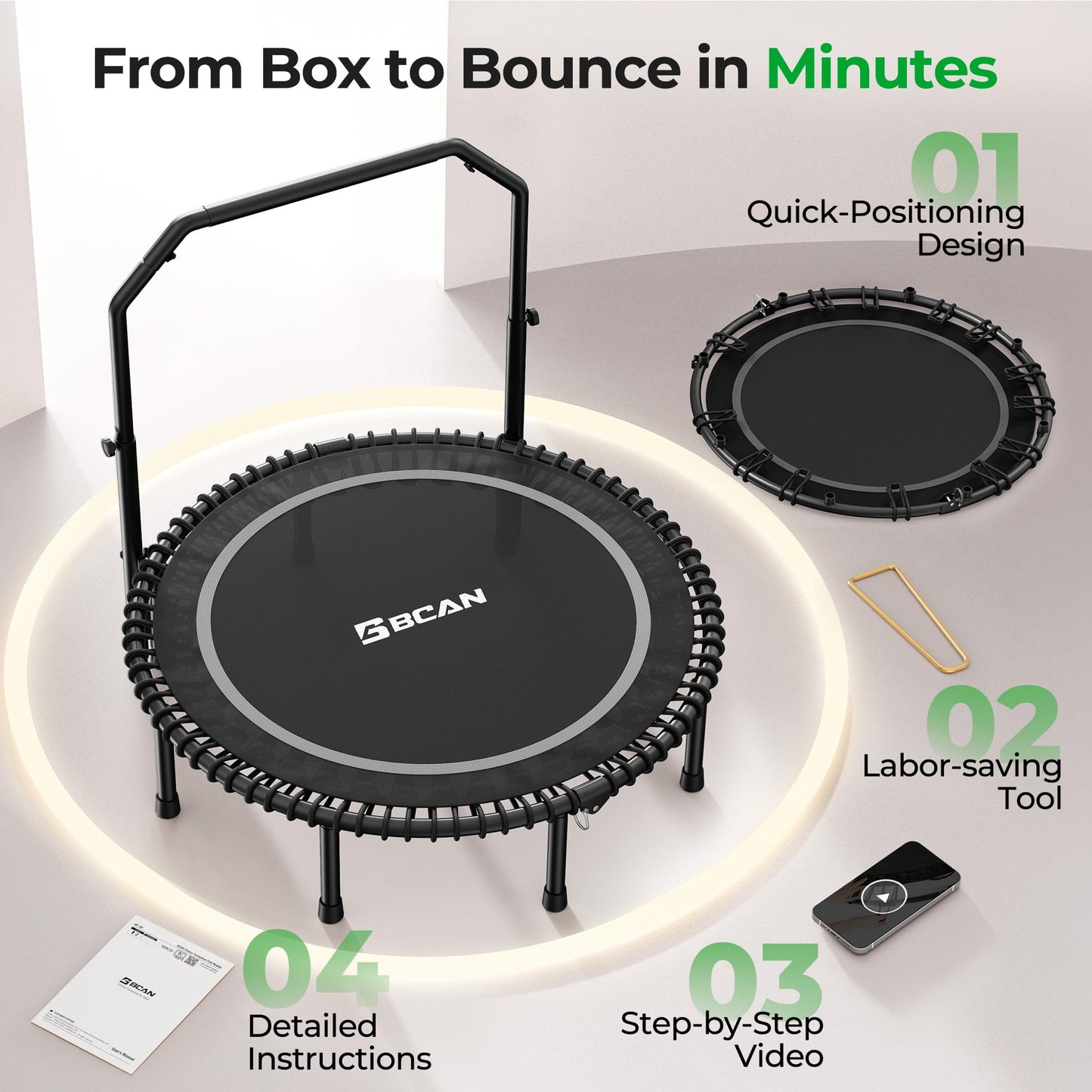BCAN BT2 450/550LBS Mini Rebounder Trampoline for Adults with Bar, Fitness Trampoline with Bungees, Adjustable Handle, Stable & Quiet, Indoor Outdoor, Whole-Body Workout - 40IN/48IN | FED Fitness