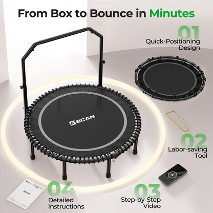 BCAN BT2 450/550LBS Mini Rebounder Trampoline for Adults with Bar, Fitness Trampoline with Bungees, Adjustable Handle, Stable & Quiet, Indoor Outdoor, Whole-Body Workout - 40IN/48IN | FED Fitness