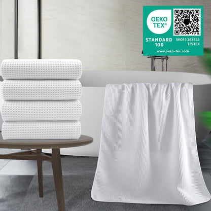POLYTE 430 GSM Microfiber Oversize Quick Dry Lint Free Bath Towel, 60 x 30 in, 4 Pack (Waffle Weave)