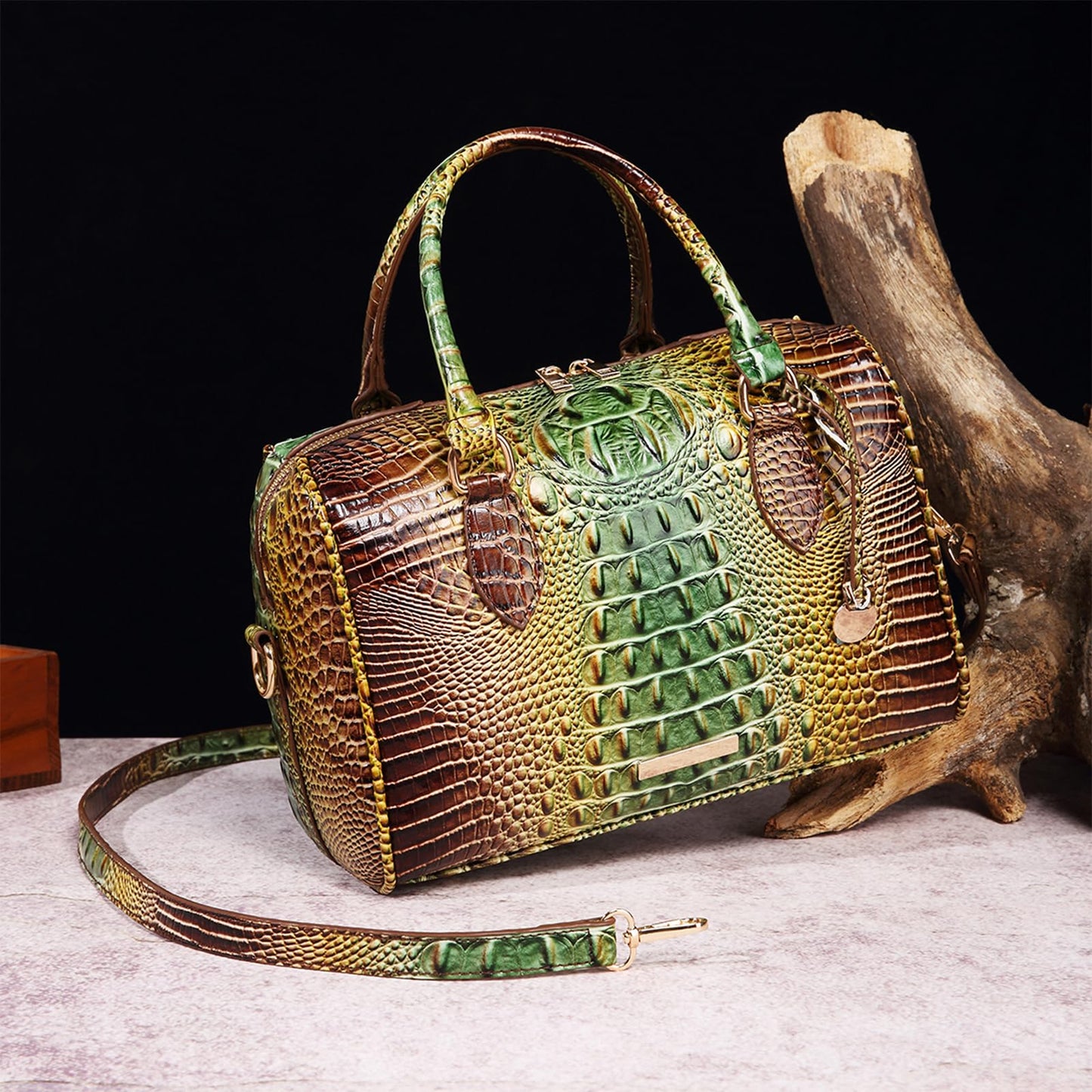 Makcr Joacbv Crocodile Handbag for Women Top Handle Leather Shoulder Purse | Glossy crocodile-embossed vegan leather with rolled handles, buckle details, a structured dome shape, and adjustable strap.