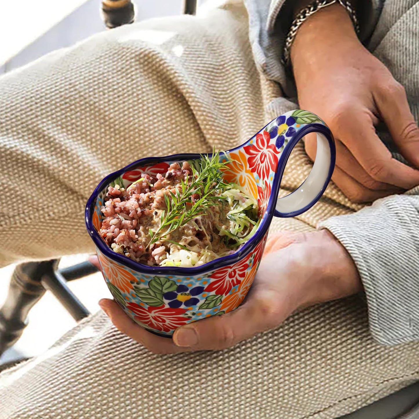 ALMA Handpainted Microwavable Soup Bowl with Loop Handle 18.6oz, Cereal Bowl With Handle Great for Berry, Fruits, Chili, Stew, Ice cream,Floral Soup Mug for Women