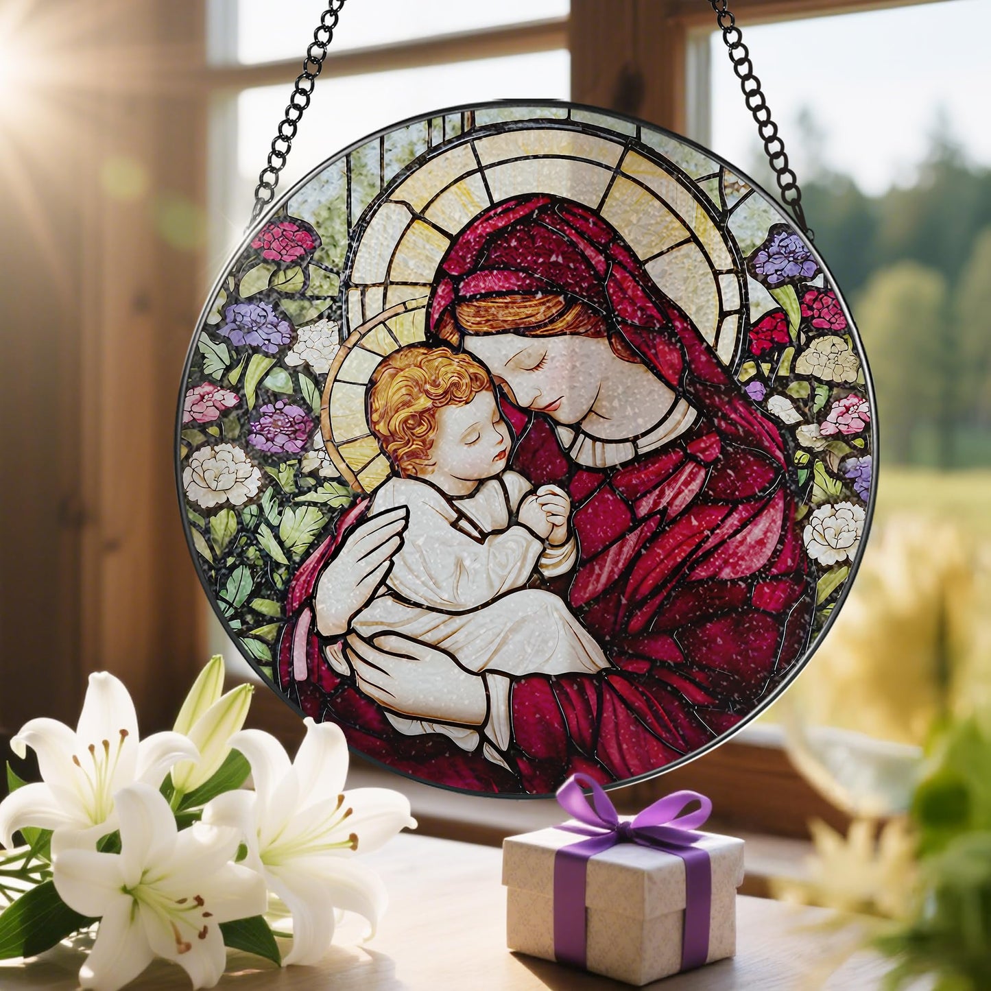 8-Inch Jesus with Cardinals Suncatcher Ornament, Stained Glass Window Hanging & Religious Christmas Ornament, Christian Window Decor — Memorial Gift, Christian Gifts for Her, Religious Gifts