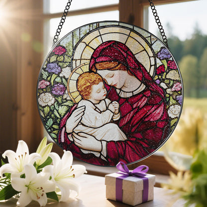 8-Inch Jesus with Cardinals Suncatcher Ornament, Stained Glass Window Hanging & Religious Christmas Ornament, Christian Window Decor — Memorial Gift, Christian Gifts for Her, Religious Gifts