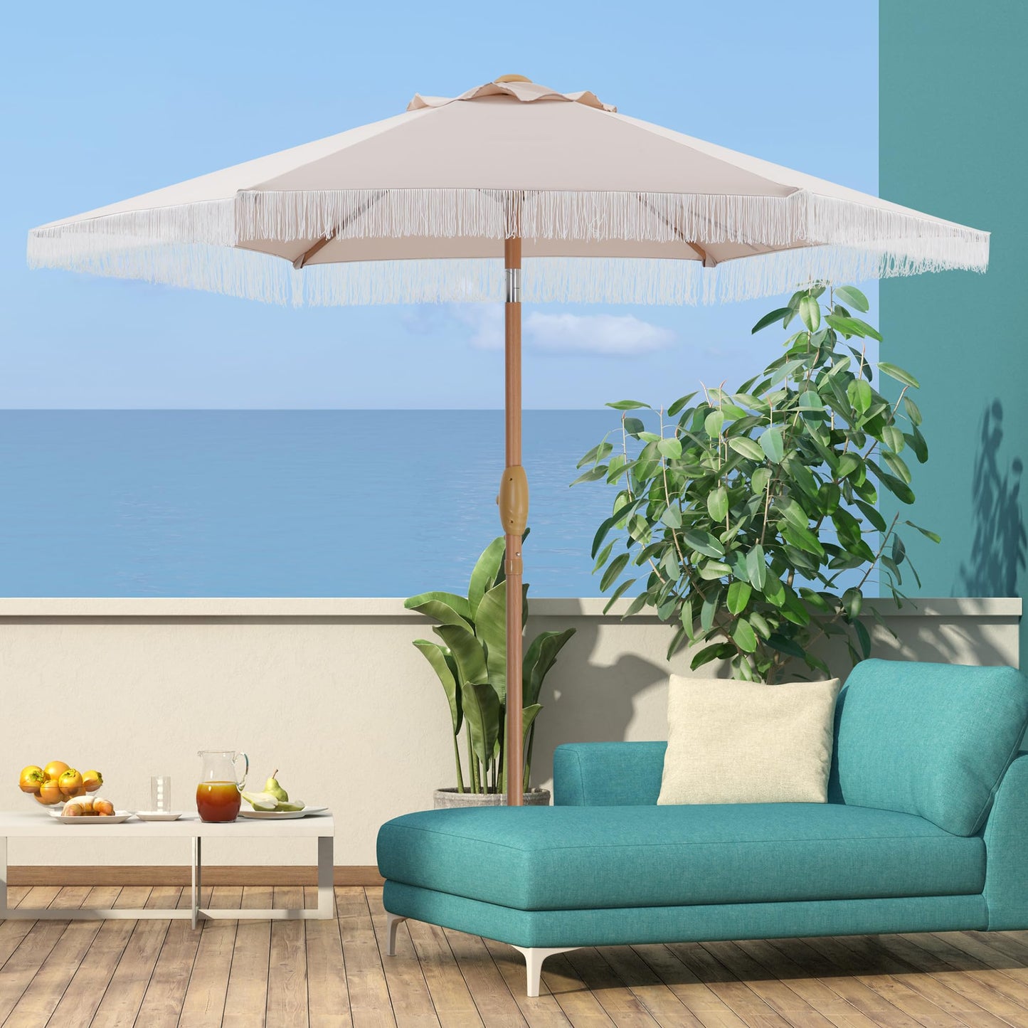 GDY 7.5ft Tassel Patio Umbrella and Matching Base, Outdoor Table Umbrella with 18 LED Lights,Market Umbrella with 6 Sturdy Ribs, with Push Button Tilt and Crank, Bright White