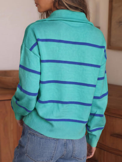 Fisoew Womens Quarter Zip Striped Sweater Oversized Turtleneck Pullover Top
