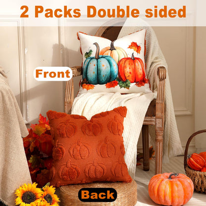 TOYPOPOR Halloween Decorations, 2 Packs Double Sided Ghost Pillow Covers, Soft Fur Throw Pillow Cases Indoor outdoor Pumpkin Couch Cushion Case for Fall Autumn Bedroom Living Room Home Decor 18''x18''