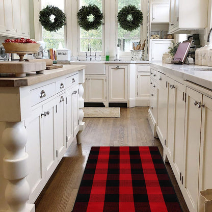 Christmas Door Mat Outdoor 35.4''x59'' Buffalo Plaid Christmas Decor Rug Cotton Hand-Woven Layered Door Mats Washable Carpet for Front Porch, Kitchen, Farmhouse, Entryway