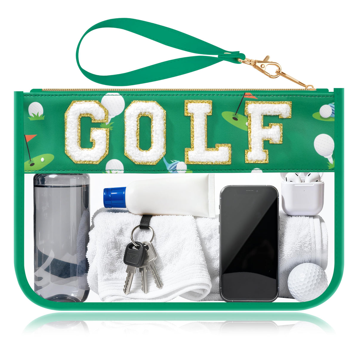 BuyCard Soccer Gift Makeup Bag with Chenille Letter Patch, Clear Cosmetic Pouch PVC Organizer Purse, Waterproof Travel Bag, Portable Toiletry Storage Bag for Her Friends