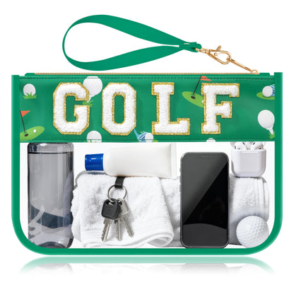 BuyCard Soccer Gift Makeup Bag with Chenille Letter Patch, Clear Cosmetic Pouch PVC Organizer Purse, Waterproof Travel Bag, Portable Toiletry Storage Bag for Her Friends