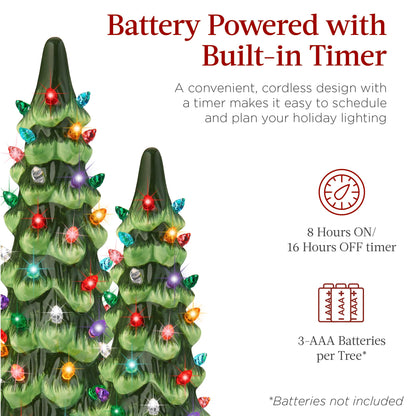 Best Choice Products Set of 3 Ceramic Christmas Trees, Pre-Lit Hand-Painted Tabletop Holiday Decoration w/Multicolor Bulbs, LED Lights – Green