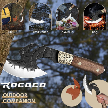 ROCOCO Viking Cleaver Knife Birthday - Kitchen Axe & Sheath Father Gift Men | Hand Forged High Carbon Steel Butcher Meat Cutting Boning Knife for Home Outdoor BBQ Camping Chirstmas Mother