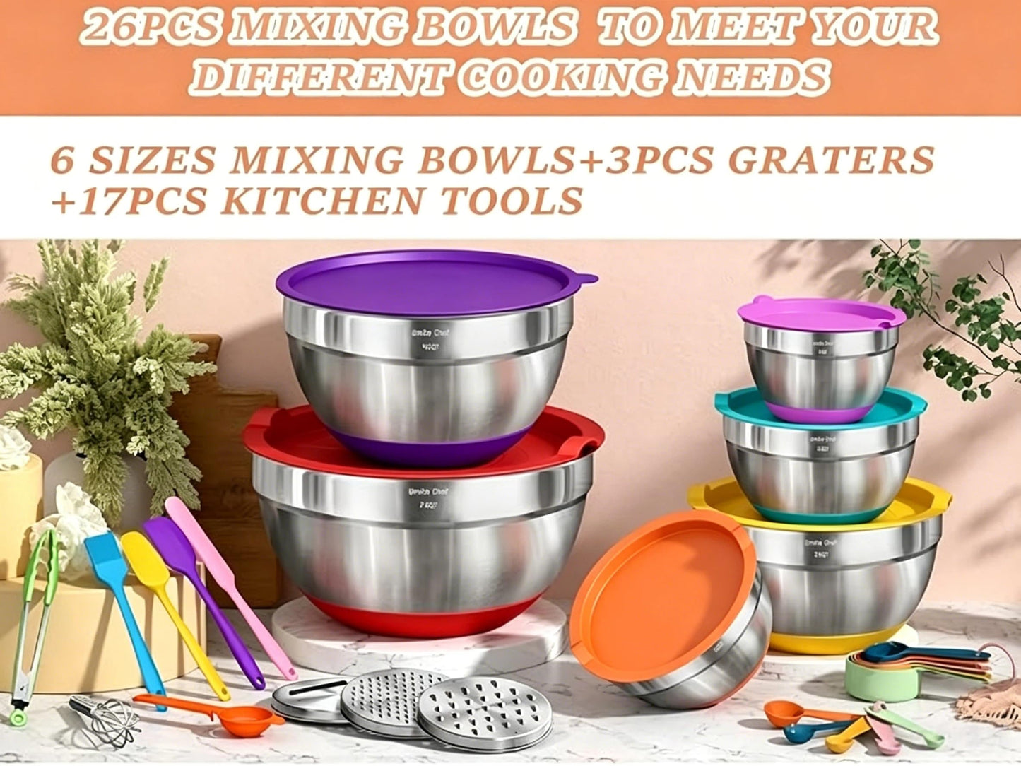 Mixing Bowls with Airtight Lids Set, 26PCS Stainless Steel Khaki Bowls with Grater Attachments, Non-Slip Bottoms & Kitchen Gadgets Set, Size 7, 4, 2.5, 2.0,1.5, 1QT, Great for Mixing & Serving
