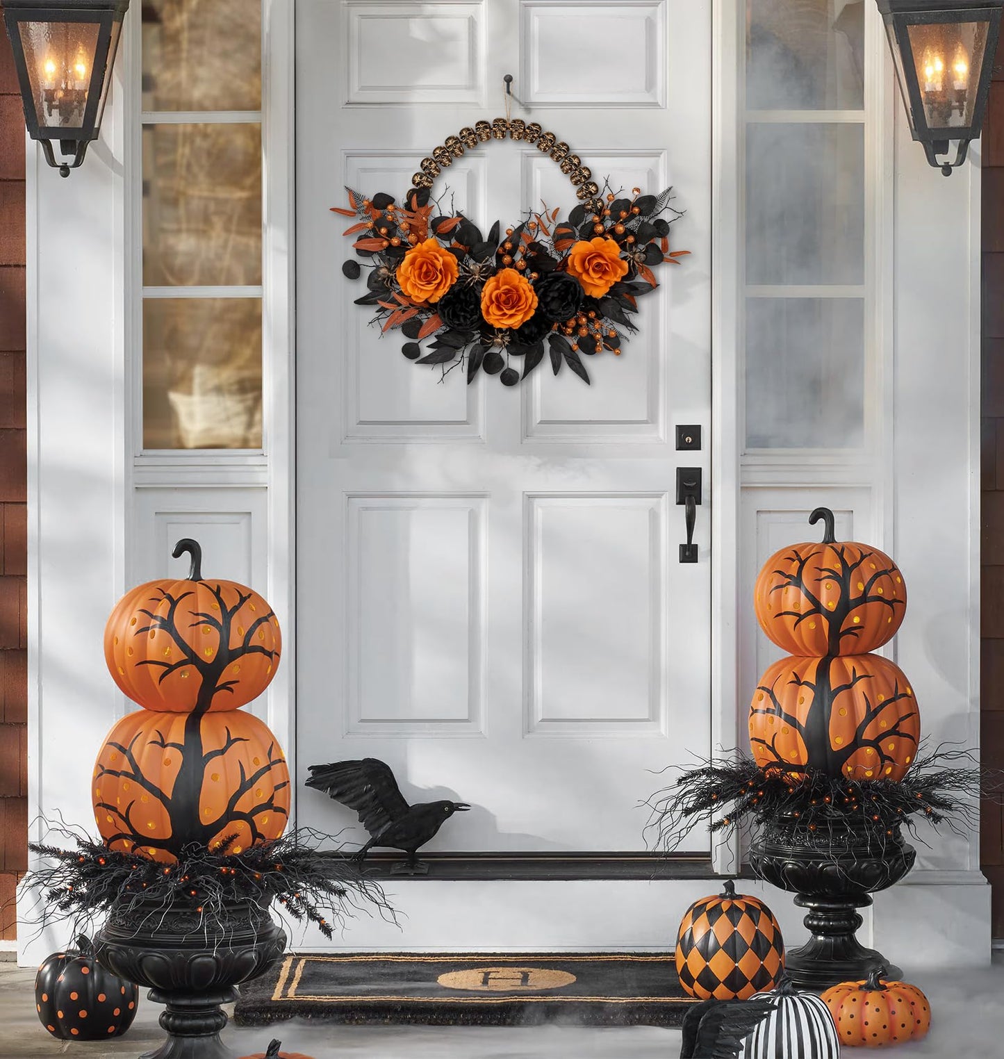 Halloween Wreath for Front Door 26" Tinsel Black Witch Wreath with Hat Legs and Purple Pumpkin for Fall Autumn Indoor Window Door Thanksgiving Halloween Decorations