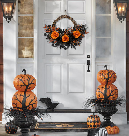 Halloween Wreath for Front Door 26" Tinsel Black Witch Wreath with Hat Legs and Purple Pumpkin for Fall Autumn Indoor Window Door Thanksgiving Halloween Decorations