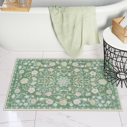 Uphome Bathroom Runner Rug Beige Vintage Long Bathroom Rug Soft Shaggy Non-Slip Large Bath Mat Machine Washable Boho Colorful Floral Bath Rugs for Bedroom Entryway Hallway, 20x60 inch