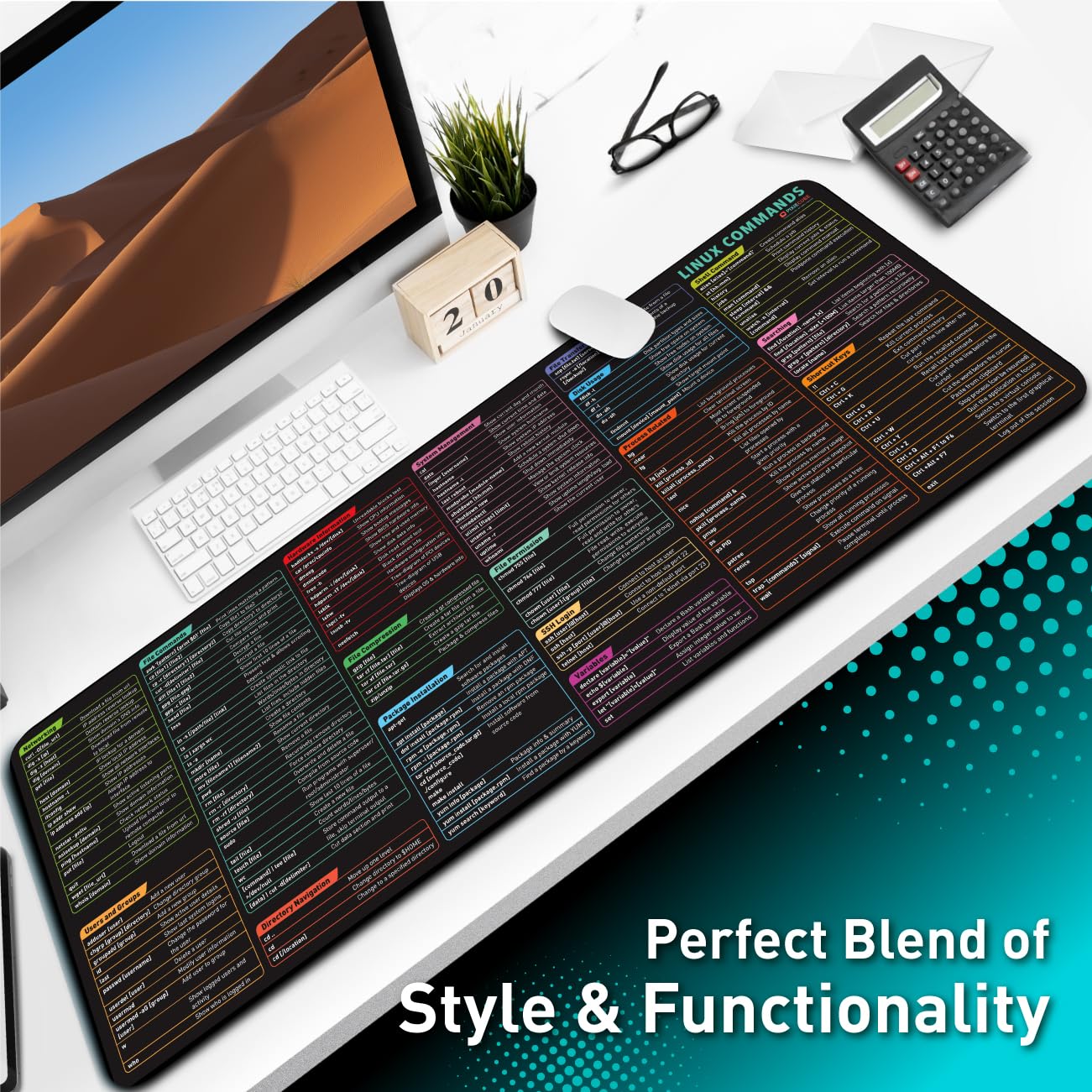 Pixiecube Excel Cheat Sheet Desk Pad | Excel Shortcut Keys Mouse Pad | Extended Large XL Gaming Mousepad | PC Office Spreadsheet Keyboard Mat | Non-Slip Stitched Edge