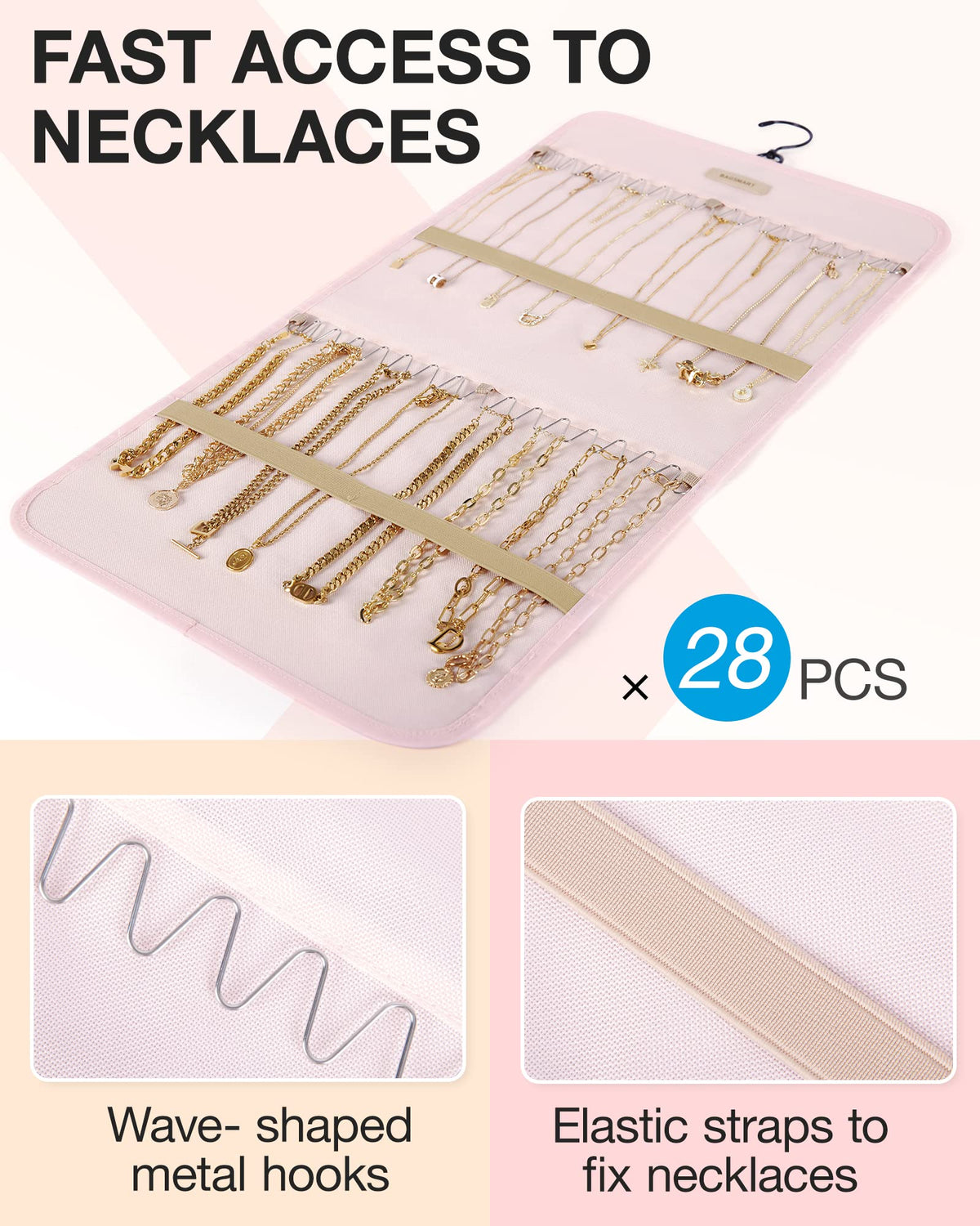 BAGSMART Hanging Jewelry Organizer Storage Roll with Hanger Metal Hooks Double-Sided Jewelry Holder for Earrings, Necklaces, Rings on Closet, Wall, Door, 1 piece, Medium, Pink