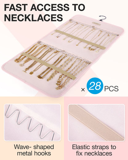 BAGSMART Hanging Jewelry Organizer Storage Roll with Hanger Metal Hooks Double-Sided Jewelry Holder for Earrings, Necklaces, Rings on Closet, Wall, Door, 1 piece, Medium, Pink