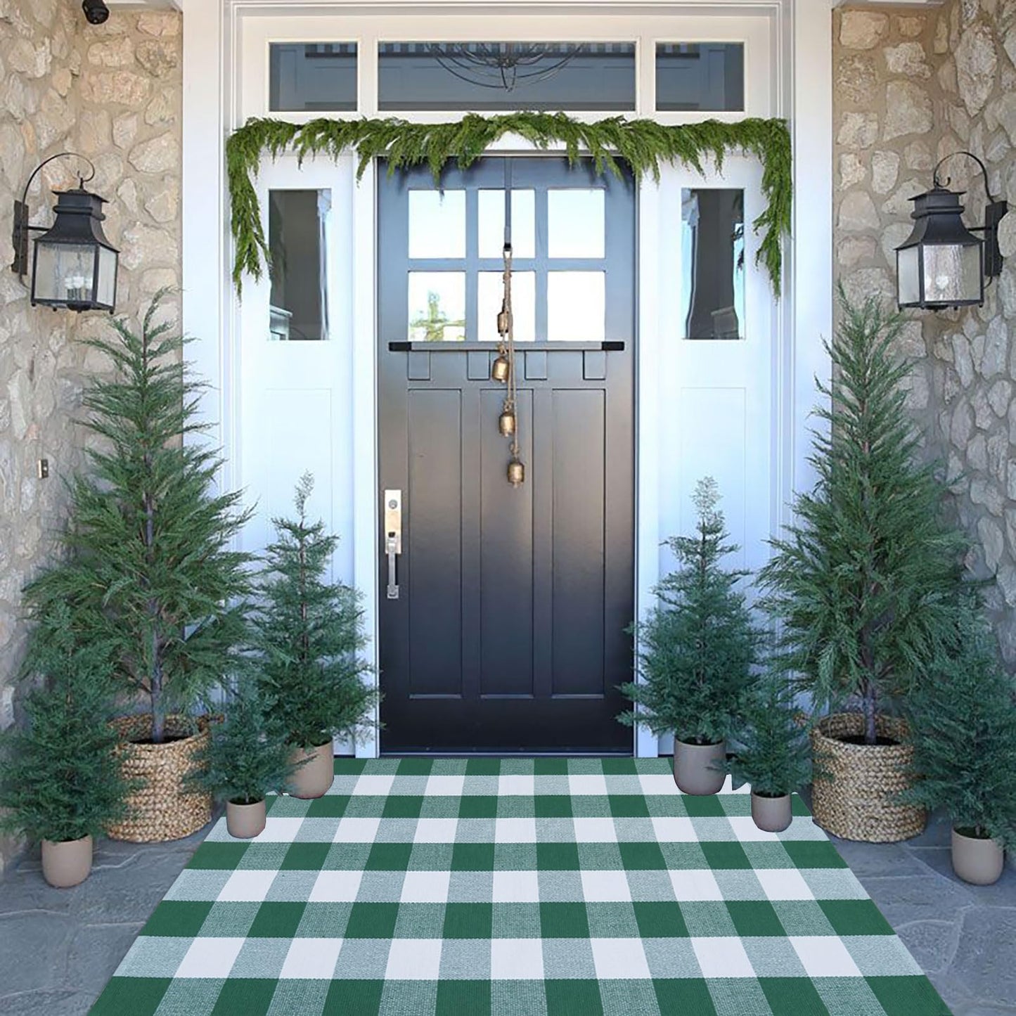 Christmas Door Mat Outdoor 35.4''x59'' Buffalo Plaid Christmas Decor Rug Cotton Hand-Woven Layered Door Mats Washable Carpet for Front Porch, Kitchen, Farmhouse, Entryway