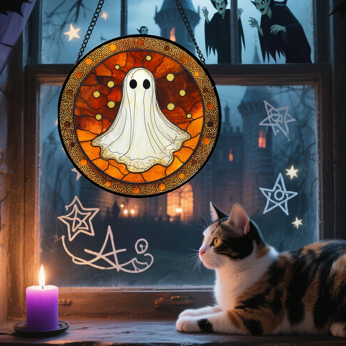 Stained Glass Window Hanging, Halloween Decorations Evil Pumpkin Suncatcher for Doors Garden Indoor Spooky Funny Orange Sun Catchers Gothic Decor Horror Gifts for Women Men Friend 15 in