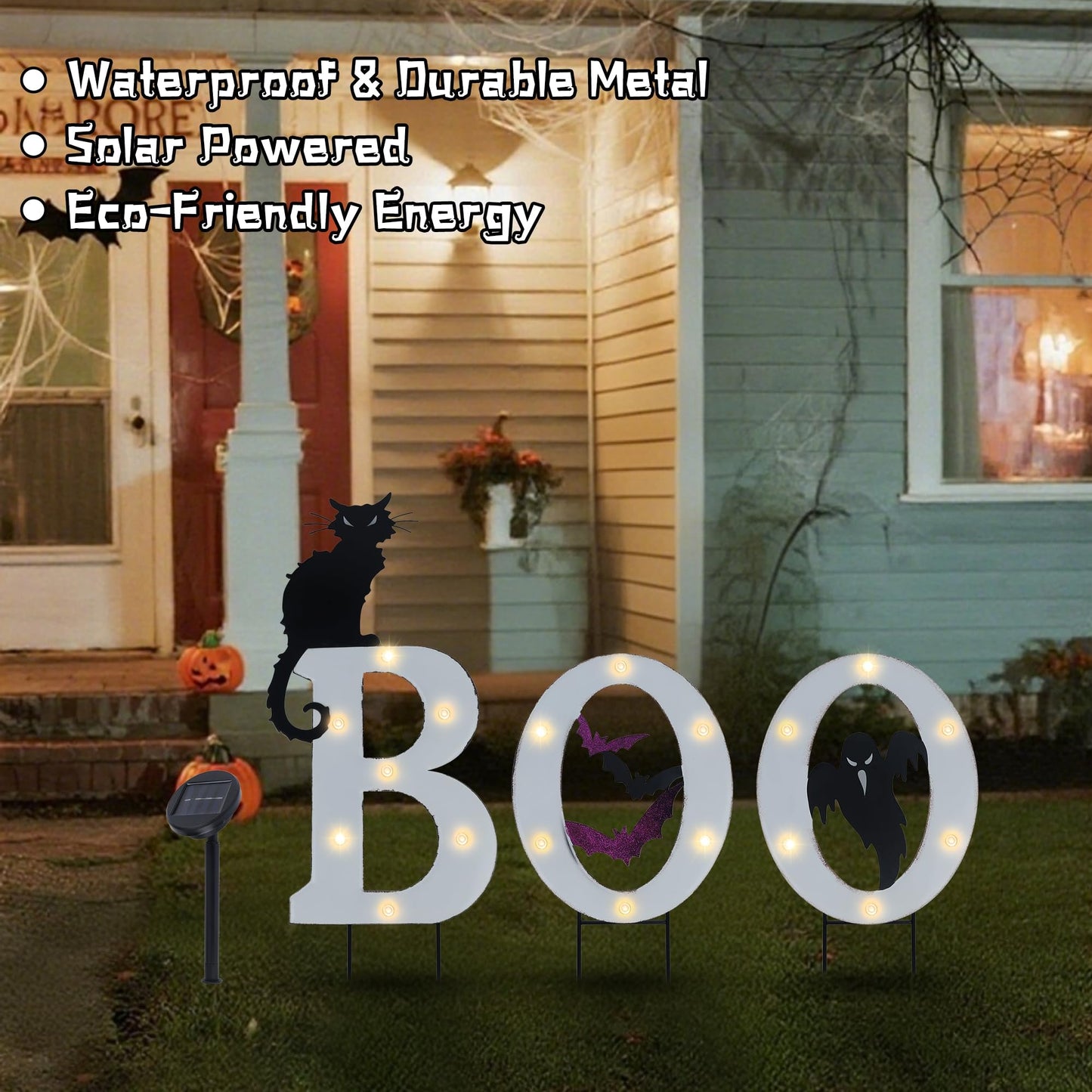 Prsildan 3 Pack Halloween Decorations Outdoor Solar Lighted Boo Yard Sign | Waterproof Metal Lawn Stakes, Solar-Powered, Bats, Cat & Ghost, For Front Yard, Porch, Garden, Spooky Halloween Party Decor