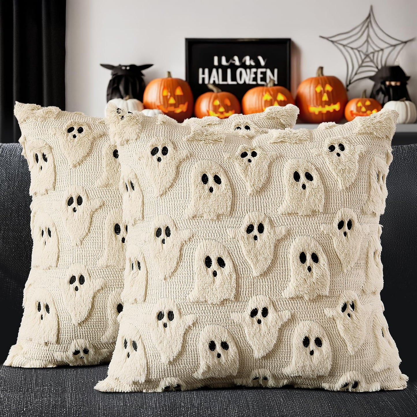 MIULEE Cute Ghost Halloween Pillow Covers 20x20 Inch Set of 2 White | Soft Plush Faux Fur Throw Pillows Spooky Fall Decorative Cushion Covers for Couch Sofa Bed Porch Living Room