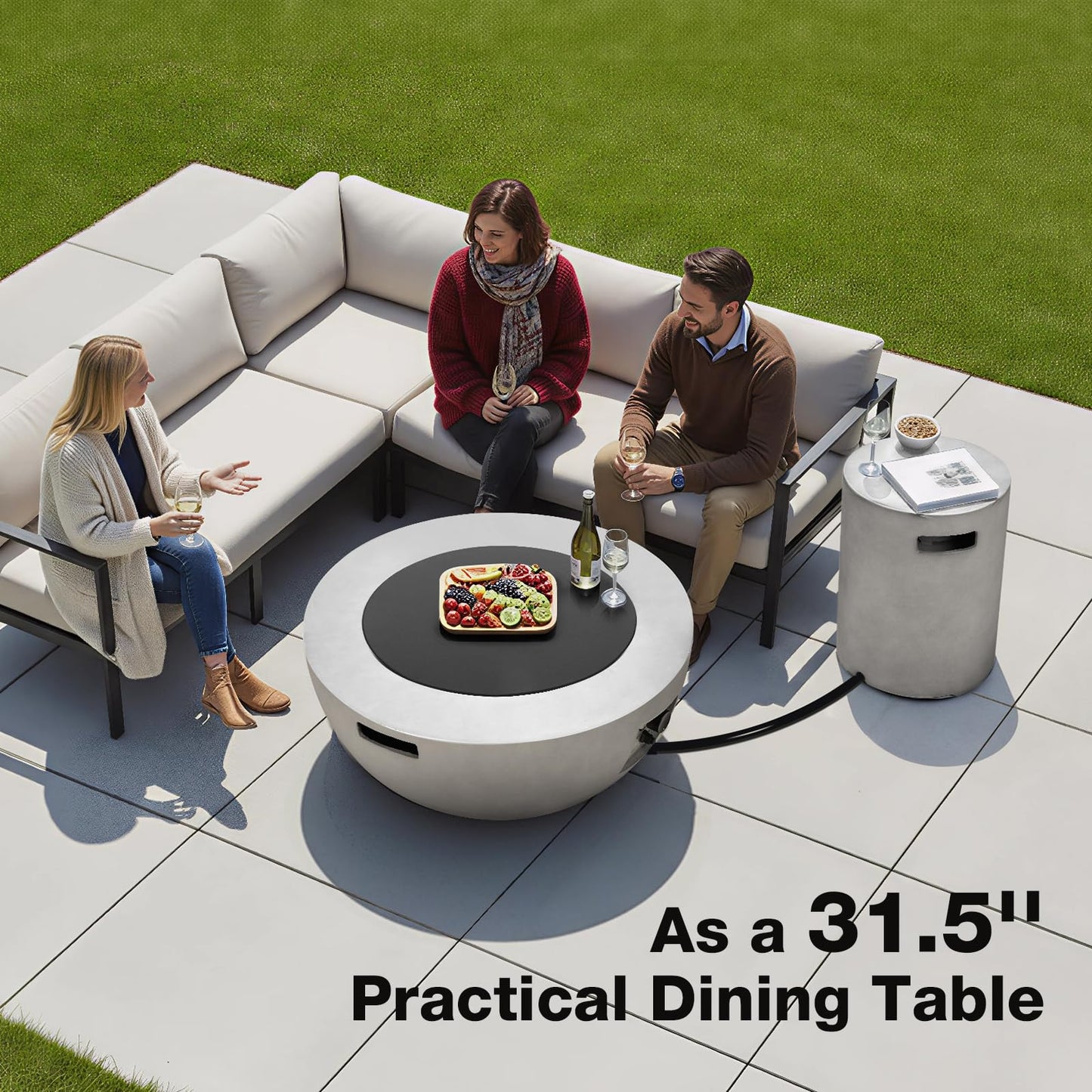 31.5 Inch Round Propane Fire Pit Table - Concrete Round Fire Bowl 50,000 BTU Natural Gas Firepit Burner with Steel Lid, Lava Rocks, Waterproof Cover for Outside Patio, Backyard, Party