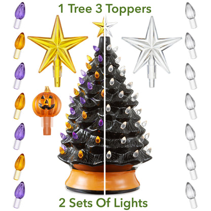 Casafield Hand Painted Ceramic Halloween Tree, 24-Inch Pre-Lit Decoration with 148 Multi-Color Lights, Jack-O-Lantern and Star Toppers