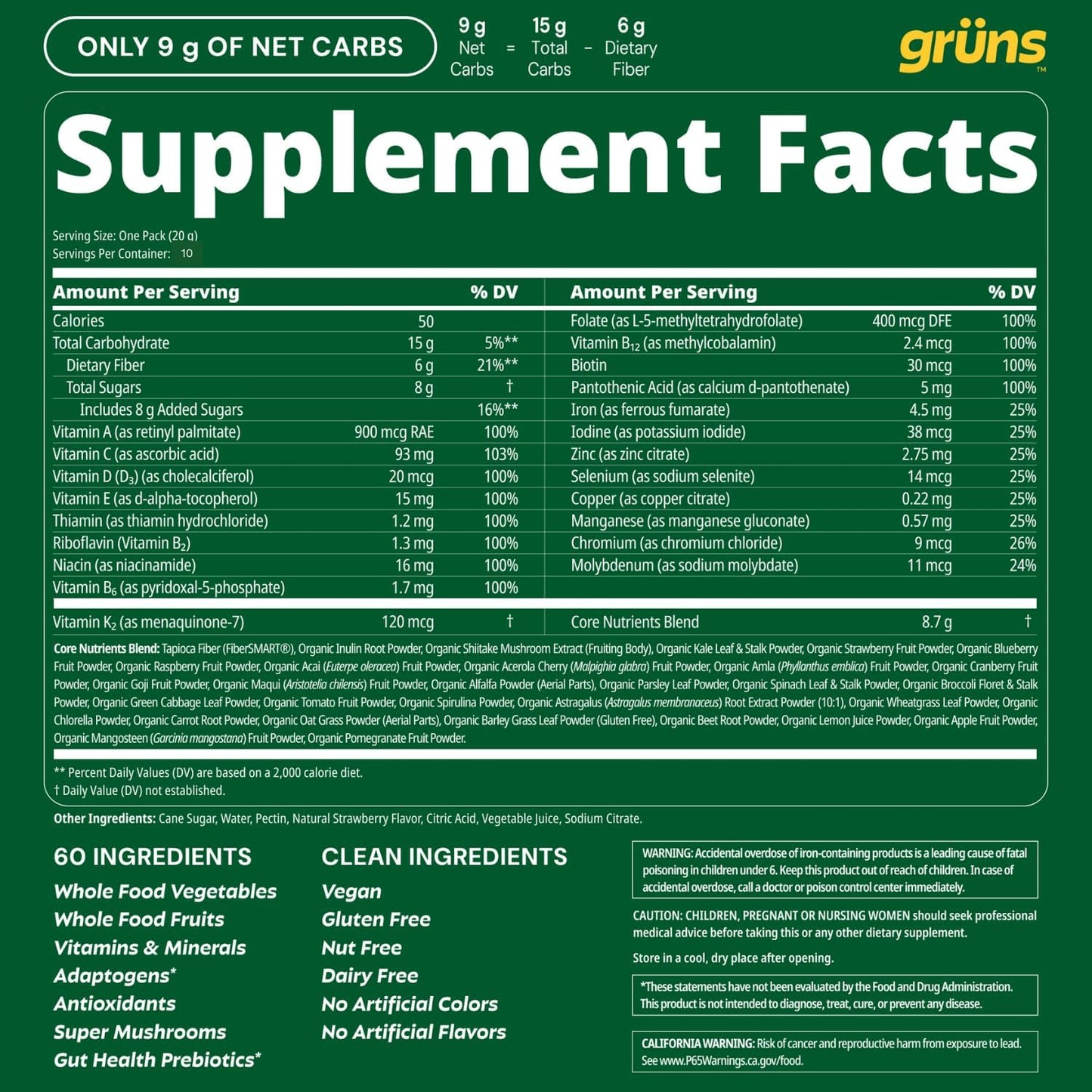 Gruns Adult Super Greens Multivitamin Gummies, Superfood Gummy Vitamins for Women and Men with Spirulina, Chlorella, Adaptogens & Prebiotic Fiber for Digestive Health (28 Count) (Pack of 2)