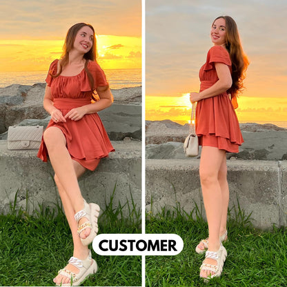 Exlura Women's Summer Ruffle Short Sleeve Tie Back Romper Dress Square Neck a Line Cute Dressy Short Jumpsuits