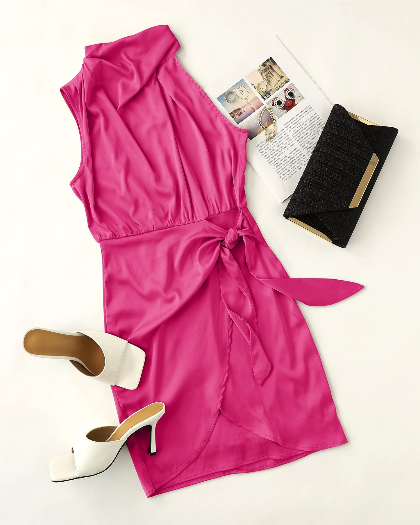 ZESICA Women's Satin Sleeveless Halter Tie Waist Wrap Bodycon Mini Dress | 2026 Summer Fashion Short Dresses, Silky High Waist Dress, Above Knee Length, Sexy Cocktail Party Club Outfits