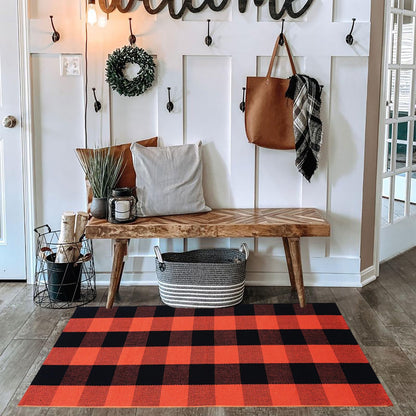 Christmas Door Mat Outdoor 35.4''x59'' Buffalo Plaid Christmas Decor Rug Cotton Hand-Woven Layered Door Mats Washable Carpet for Front Porch, Kitchen, Farmhouse, Entryway