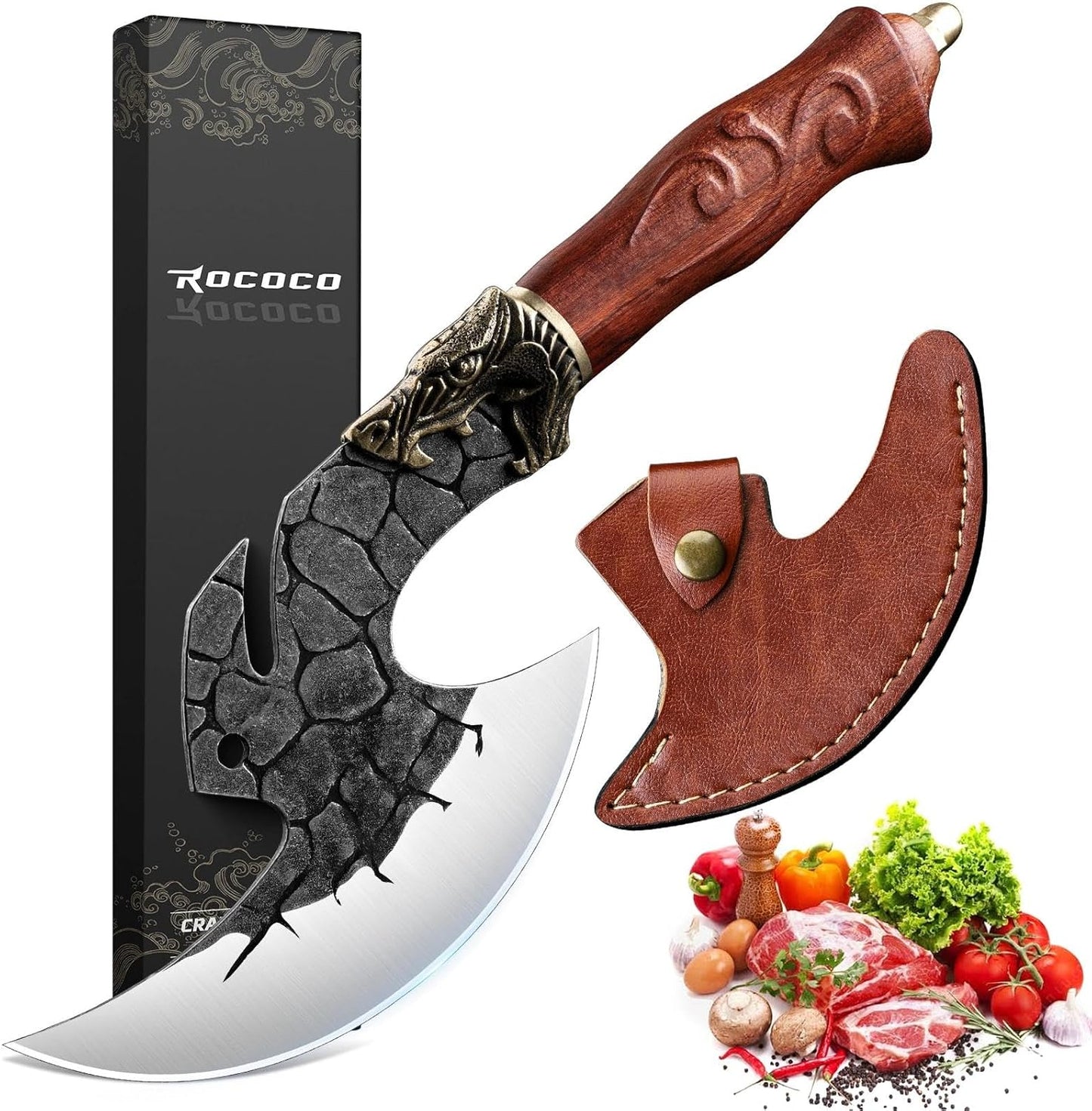 ROCOCO Viking Cleaver Knife Birthday - Kitchen Axe & Sheath Father Gift Men | Hand Forged High Carbon Steel Butcher Meat Cutting Boning Knife for Home Outdoor BBQ Camping Chirstmas Mother