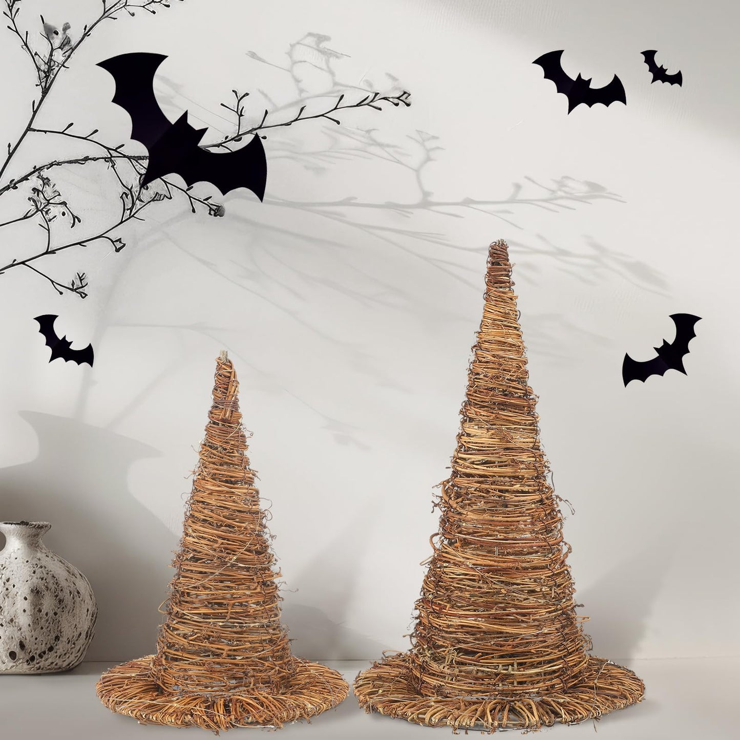 Leinuosen 2 Pcs Halloween Rattan Witch Hat Decor with String Lights Wicker Wizard Hats Woven Witch Hat for Indoor Outdoor Halloween Party Supplies Home Bedroom Garden Patio Backyard Decoration