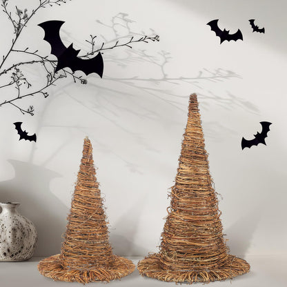 Leinuosen 2 Pcs Halloween Rattan Witch Hat Decor with String Lights Wicker Wizard Hats Woven Witch Hat for Indoor Outdoor Halloween Party Supplies Home Bedroom Garden Patio Backyard Decoration