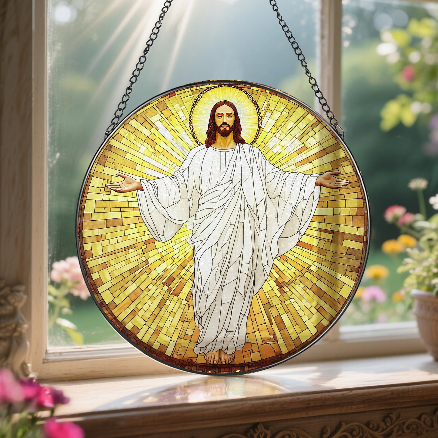 8-Inch Jesus with Cardinals Suncatcher Ornament, Stained Glass Window Hanging & Religious Christmas Ornament, Christian Window Decor — Memorial Gift, Christian Gifts for Her, Religious Gifts