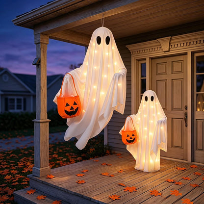 Solar Ghost Halloween Lights 2Pack Hanging Stake Yard Decor | Solar glowing ghost decor, rainproof, dual mount. Perfect lawn porch decor for Halloween fans.