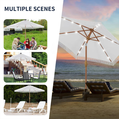GDY 7.5ft Tassel Patio Umbrella and Matching Base, Outdoor Table Umbrella with 18 LED Lights,Market Umbrella with 6 Sturdy Ribs, with Push Button Tilt and Crank, Bright White