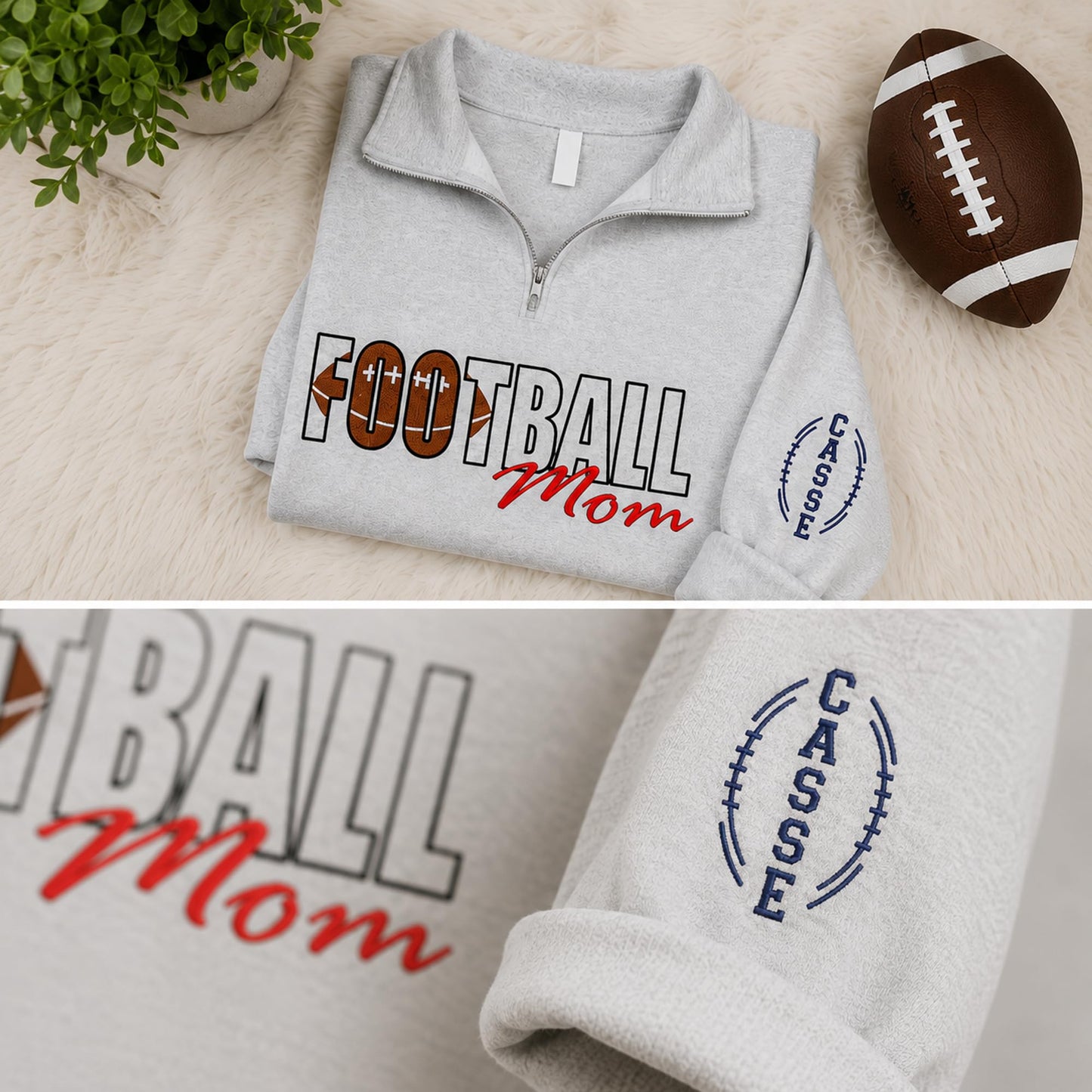 NAZENTI Personalized Sports Mom Quarter Zip Sweatshirt, Football Volleyball Soccer Mom Pullover, Gifts For Mama Grandma
