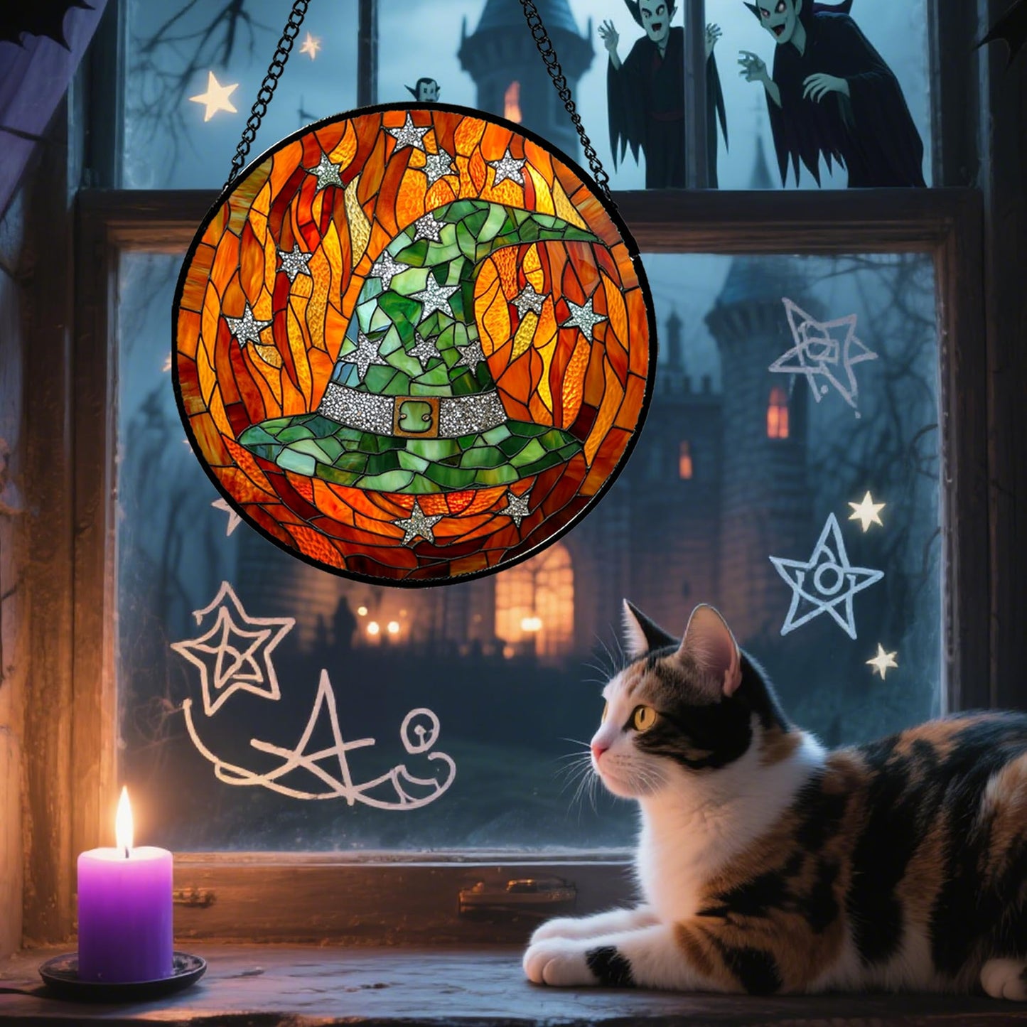 Stained Glass Window Hanging, Halloween Decorations Evil Pumpkin Suncatcher for Doors Garden Indoor Spooky Funny Orange Sun Catchers Gothic Decor Horror Gifts for Women Men Friend 15 in