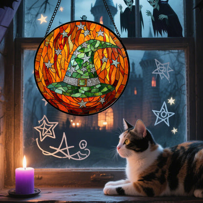Stained Glass Window Hanging, Halloween Decorations Evil Pumpkin Suncatcher for Doors Garden Indoor Spooky Funny Orange Sun Catchers Gothic Decor Horror Gifts for Women Men Friend 15 in