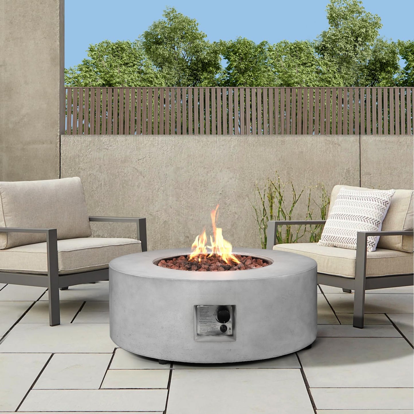 31.5 Inch Round Propane Fire Pit Table - Concrete Round Fire Bowl 50,000 BTU Natural Gas Firepit Burner with Steel Lid, Lava Rocks, Waterproof Cover for Outside Patio, Backyard, Party