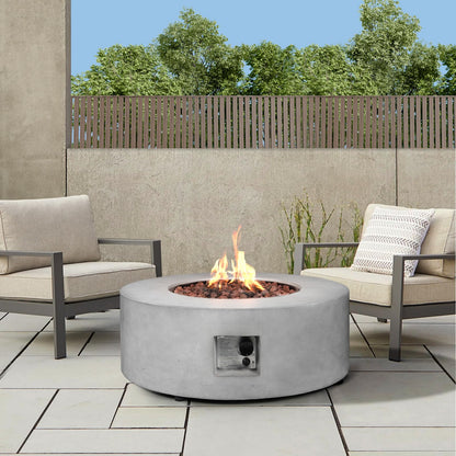 31.5 Inch Round Propane Fire Pit Table - Concrete Round Fire Bowl 50,000 BTU Natural Gas Firepit Burner with Steel Lid, Lava Rocks, Waterproof Cover for Outside Patio, Backyard, Party