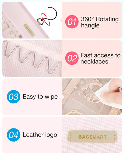 BAGSMART Hanging Jewelry Organizer Storage Roll with Hanger Metal Hooks Double-Sided Jewelry Holder for Earrings, Necklaces, Rings on Closet, Wall, Door, 1 piece, Medium, Pink
