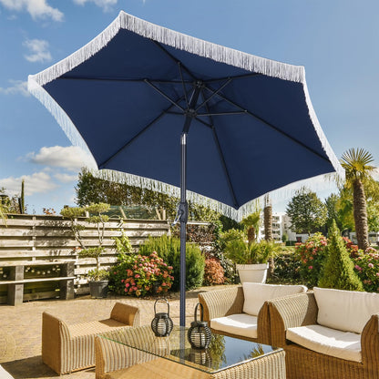 GDY 7.5ft Tassel Patio Umbrella and Matching Base, Outdoor Table Umbrella with 18 LED Lights,Market Umbrella with 6 Sturdy Ribs, with Push Button Tilt and Crank, Bright White