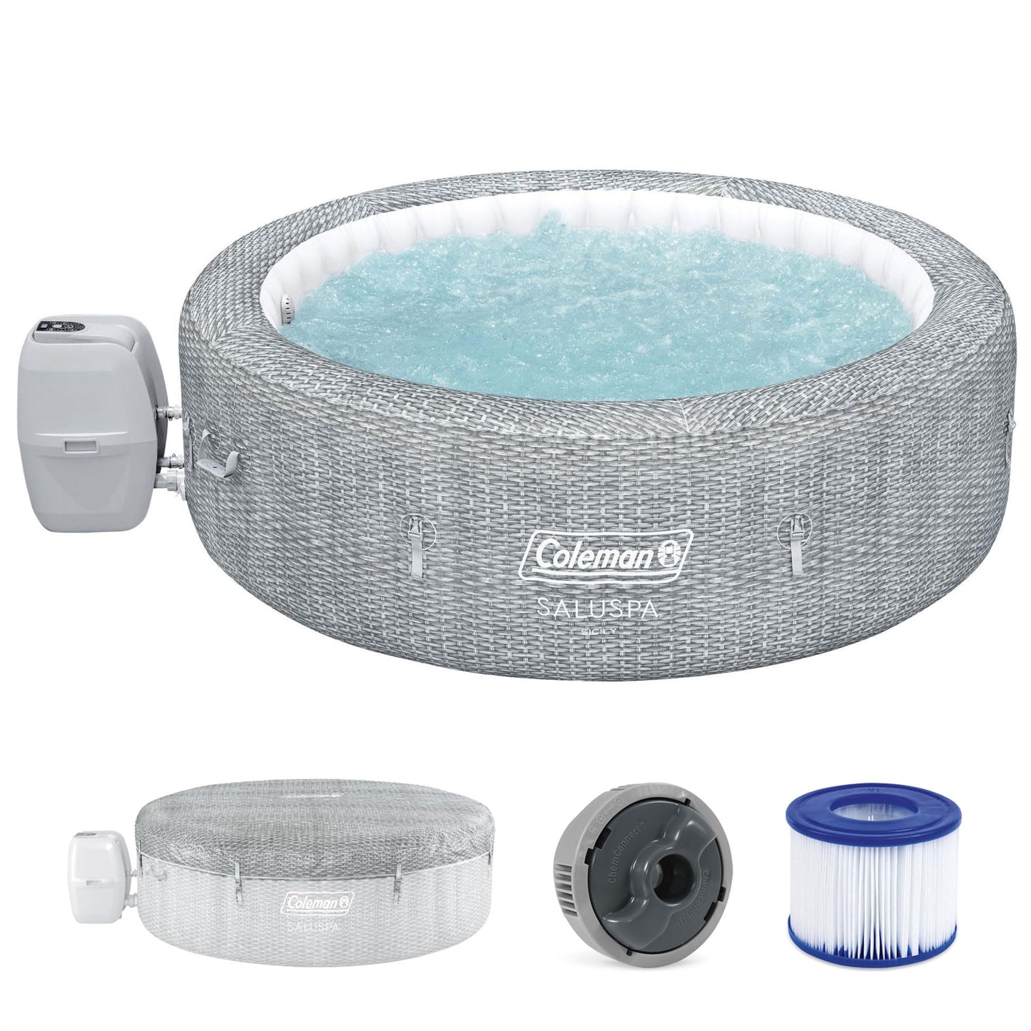 Coleman Sicily 5 to 7 Person Inflatable Hot Tub, Round Portable Outdoor Spa with 180 AirJets and EnergySense Cover, Grey, 85" x 28"